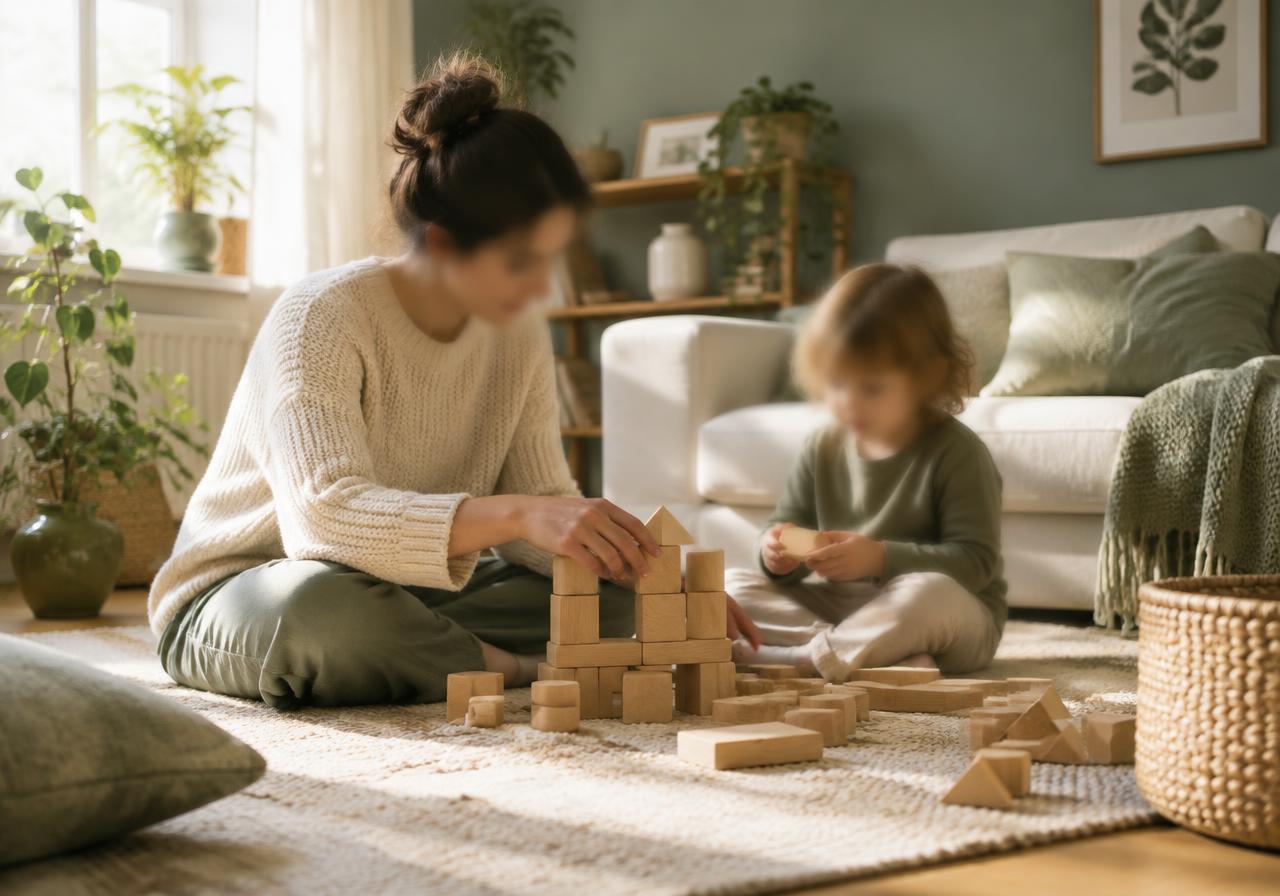 Ouder en kind spelen samen met houten blokken thuis
