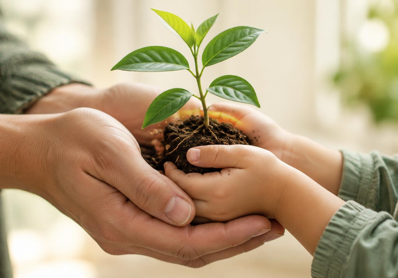 Kinder- en volwassenenhanden die een jonge plant vasthouden